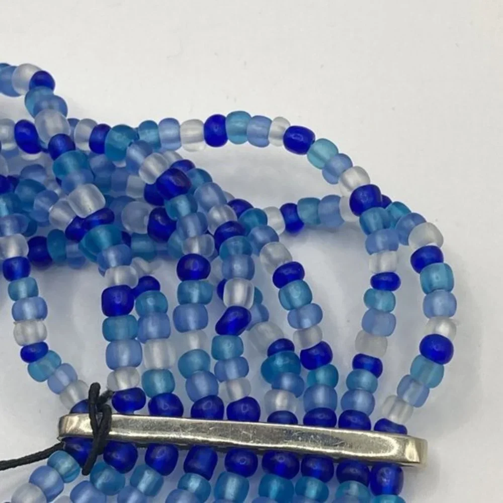 Lena Bernard Free People Multi Strand Blue Bead Stretch Silver Tone Bracelet NWT